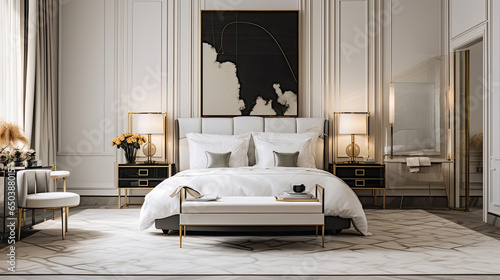 habitación de lujo con cama, cojines, cuadro, alfombra con decoración clásica en tonos blancos y negros