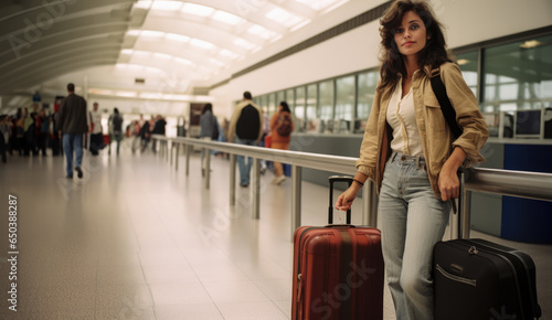 Retro hispanic larino Happy young woman at airport with luggages at departure hall background.