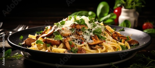 Mushroom pasta with pecorino cheese basil in black bowl