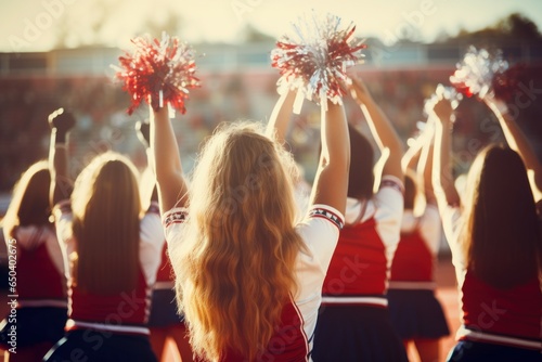 Enthusiastic Cheerleaders cheering game. Female school uniform. Generate Ai