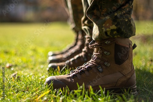 Closeup of combat boots of the German Army Bundeswehr in the grass