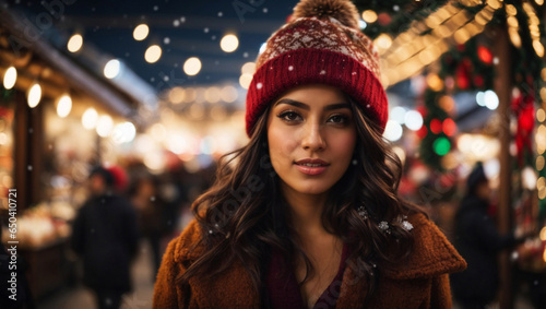 Bellissima ragazza di origini arabe con vestiti invernali e un berretto durante la visita ad un mercatino di Natale mentre nevica