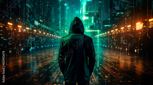 Anonymous hacker, surrounded by a network of glowing data. Cybersecurity, Cybercrime, Cyberattack. Generative AI 