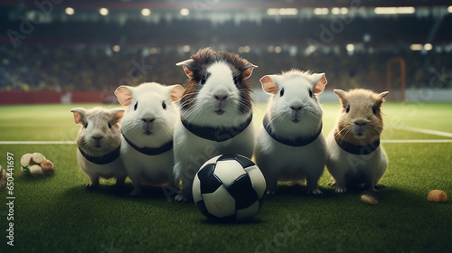 Group of guinea pigs playing soccer in soccer stadium. stadium full of people with flags. All-white color palette. Cinematic perspective. Soccer scenes. Front view.