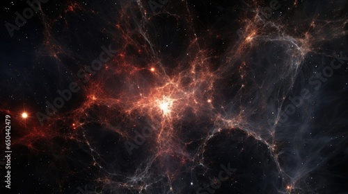 Against a canvas of infinite darkness, a peculiar cosmic web takes shape, threads of invisible dark matter crisscrossing through vast voids, sculpting the very structure of the universe Mod3f
