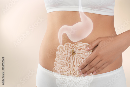 Woman with healthy digestive system on light background, closeup. Illustration of gastrointestinal tract