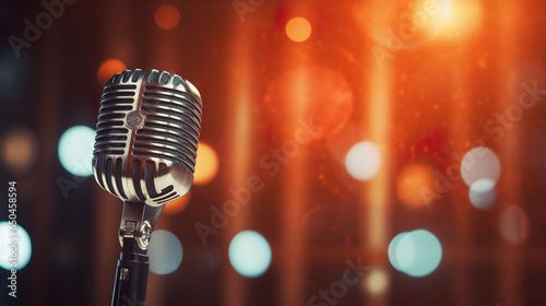 Close-up view of vintage microphone with blurred stage lights in the background. Close-up view of retro microphone on empty stage.