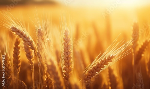 Golden wheat field at sunset. Closeup summer spring meadow. Crop background, Generative AI 