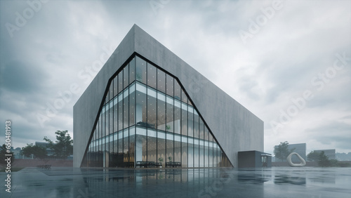 A view of the exterior of a modern three-story commercial building on a rainy, cloudy day with large exposed concrete windows, 3d rendering