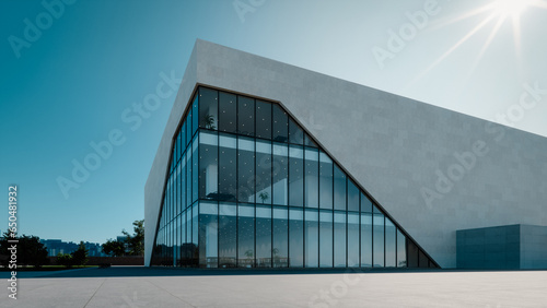 A view of the exterior of a modern commercial building with large windows finished in bright limestone, 3d rendering