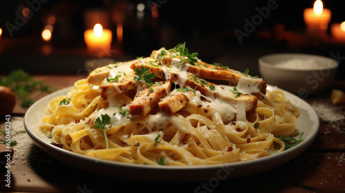 chicken pasta alfredo cheese with white mushroom sauce served in a large bowl on a wooden table created with Generative AI Technology