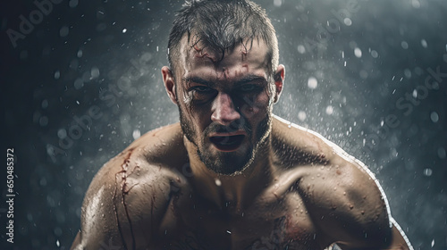 A muscular boxer in a ring boxing match throws a powerful punch with sweat dripping down his skin created with Generative AI Technology 