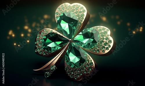 Lucky clover shaped sparkling diamond emerald. Crystal ornate jewelry design. Intricate luxury green gem. St. Patrick's Day, Generative AI 