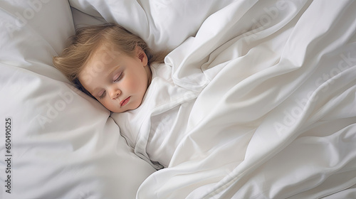 During the day cute babies sleep soundly in beds with white sheets and blankets made with Generative AI Technology
