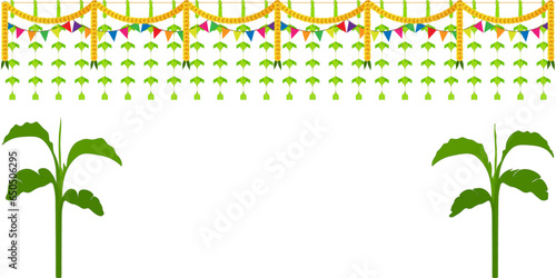 South Indian Traditional Mango and palm Leaves Garland. Decoration for Indian Hindu Auspicious Occasion, natural coconut and mango leaf vector, editable design. Pongal, ayudha poojai festival set.
