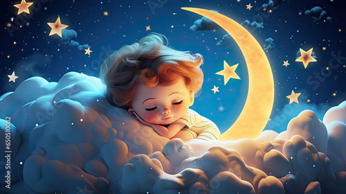 lullaby background with stars and moon cartoon baby boy sleeping with eyes closed in half moon clouds created with Generative AI Technology