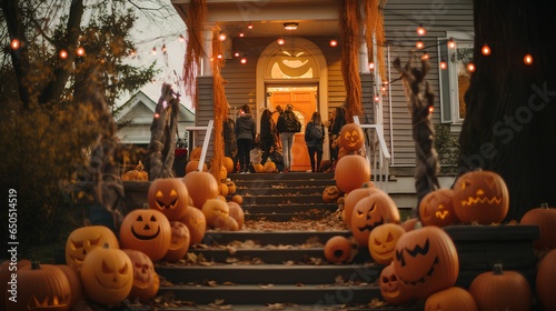 Trick or treat Show kids going door to door interacting with other kids and friendly neighbors wear scary halloween ai generated