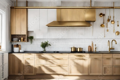 a Scandinavian kitchen with brass or gold-toned cabinet handles and fixtures