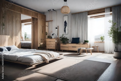 a Scandinavian bedroom with a Japanese influence, featuring tatami mats and low furniture