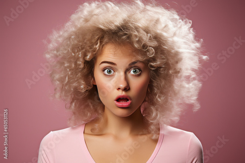 Engaging, bewildered young woman with frizzy hair holds a smoking hairdryer, expressing startlement and confusion on a plain studio background.