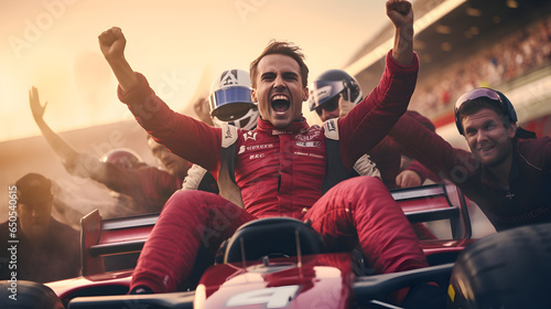 F1 racer on the car celebrate after winning the race