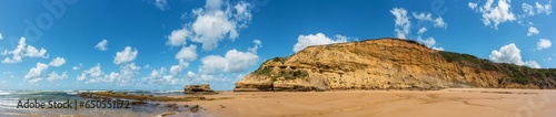Panorama of cliffs and Bird Rock at Jan Juc Beach, Great Ocean Road, Victoria, Australia