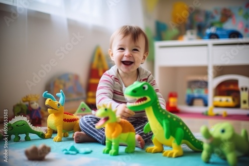 happiness joyful kid boy fun playing with his toy dinosaur friend on floor in living room at home