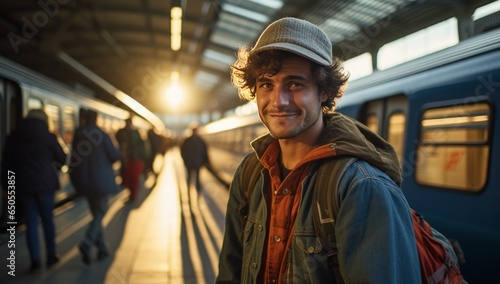 stylish hipster solo traveller male adult man happiness cheerful stading in railway train platform station terminal waiting for arrival train sunset moment