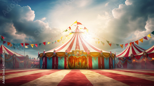 Colorful multi colored circus tent background and twinkling lights with space for copy.