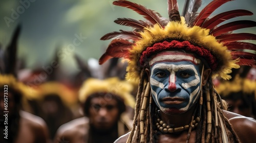 Tribe, Huli Wigmen in traditional costume, Papua New Guinea, Tari Highlands.
