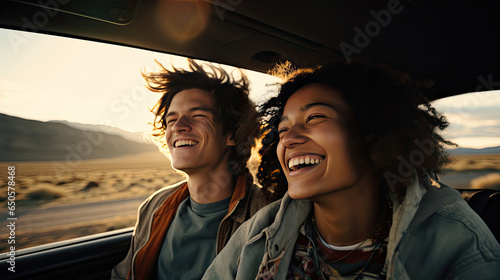 People smiling in a car on a road trip 