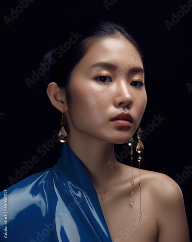 młoda azjatycka dziewczyna z kryształowymi kolczykami w wieczorowej sukni portret modelka - young asian girl with crystal earrings in evening dress portrait model - AI Generated