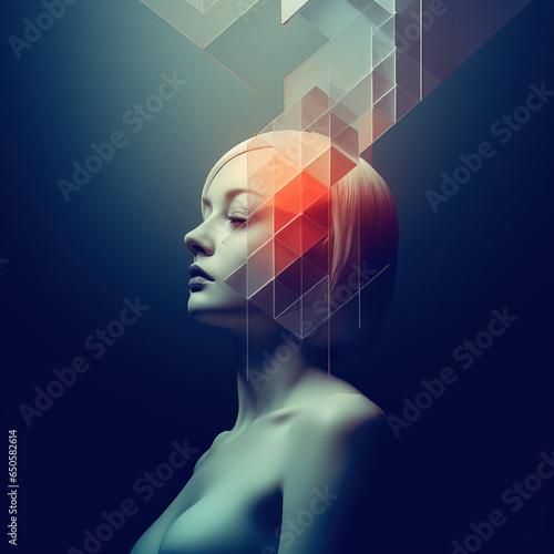 portret młodej blond kobiety z zamkniętymi oczami patrząca poza kadr geometryczny plakat czerwony flash - portrait of a young blonde woman with closed eyes looking out of frame poster - AI Generated