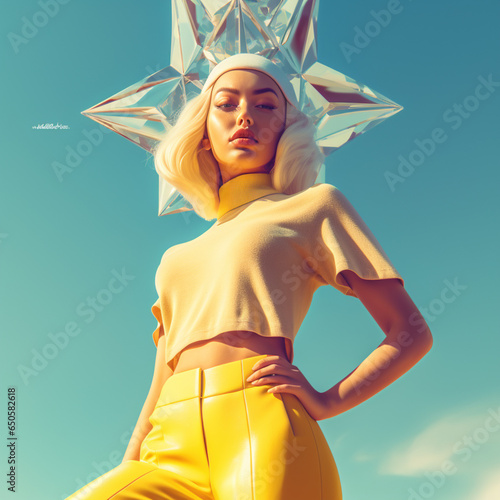 kreatywna moda blond modelka w żółtym topie z kryształową koroną patrząca z góry - creative fashion blonde model in yellow top with crystal crown looking down from above - AI Generated