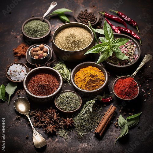Diverse dried colorful ayurveda spices on dark rustic background, top view