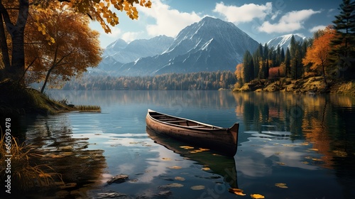 Tranquil Mountain Lake with Canoe Floating on the Surface beautiful landscape photo