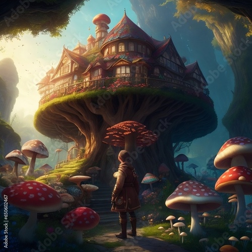Fantasy fairy tale scene with magic mushroom house in the forest.