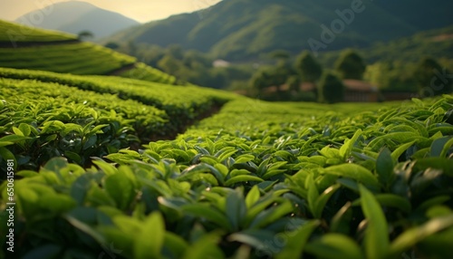 A scenic tea plantation with majestic mountains in the backdrop