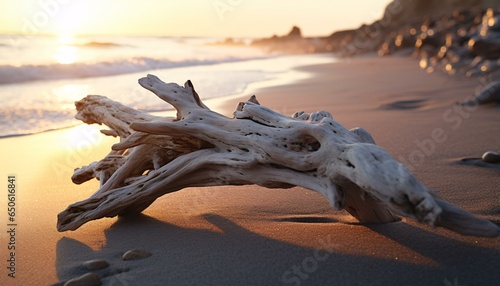A weathered piece of driftwood resting on a sandy beach