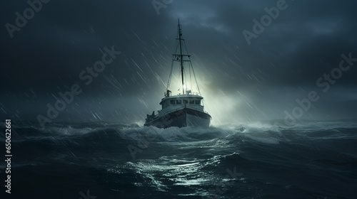 Fishing boat lost at sea in the stormy weather with dark lights and huge waves