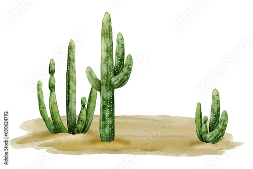 Desert landscape with saguaro cactuses and sand watercolor illustration isolated on white background. Arizona, Wild West or Mexican nature clipart
