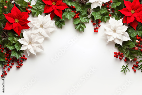 Christmas New Years banner frame from red and white poinsettia flowers green fir tree branches holly berry twigs pine cones on white background. Template with copy space