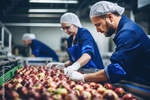 Technologists are controlling the quality of apple production in a food processing plant.