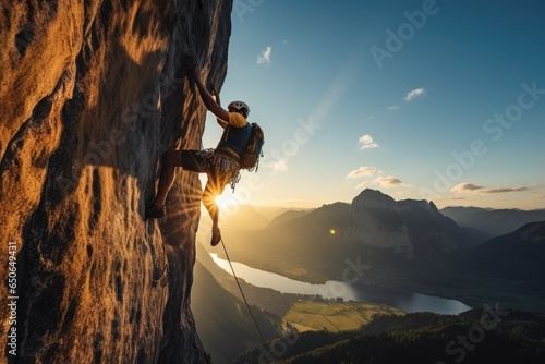 A lone rock climber braves the heights of a challenging mountain, finding strength, balance, and courage in the face of danger to reach the breathtaking summit at sunset.