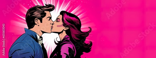 Brown haired woman and man kissing on a pink pop-art retro style background. Passionate kiss of in vintage, romantic and vibrant pop cartoon of love, emotion and passion. Lovers, Valentine.