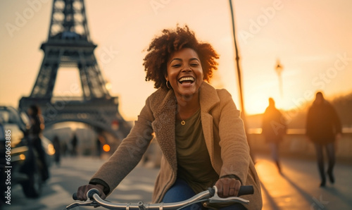 Cheerful Happy young black woman riding bicycle in Paris 