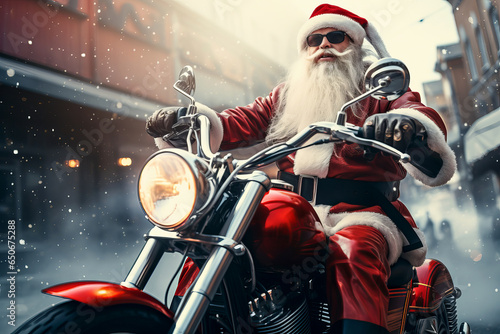 Portrait of brutal Santa Claus in red clothing and black sunglasses rides a chopper motorcycle. 