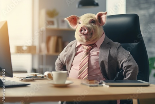 a pig in a pink shirt with a tie sits at the office desk, a pig in the office with a tie