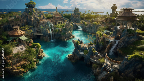 an enchanting photo showcasing the Enchanted Atlantis Gardens from above, with floating islands adorned with cascading waterfalls and lush greenery,