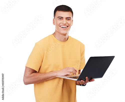Face, happy man and laptop portrait for education, university and learning on transparent png background. Internet, student and person with tech for research and information to study at college